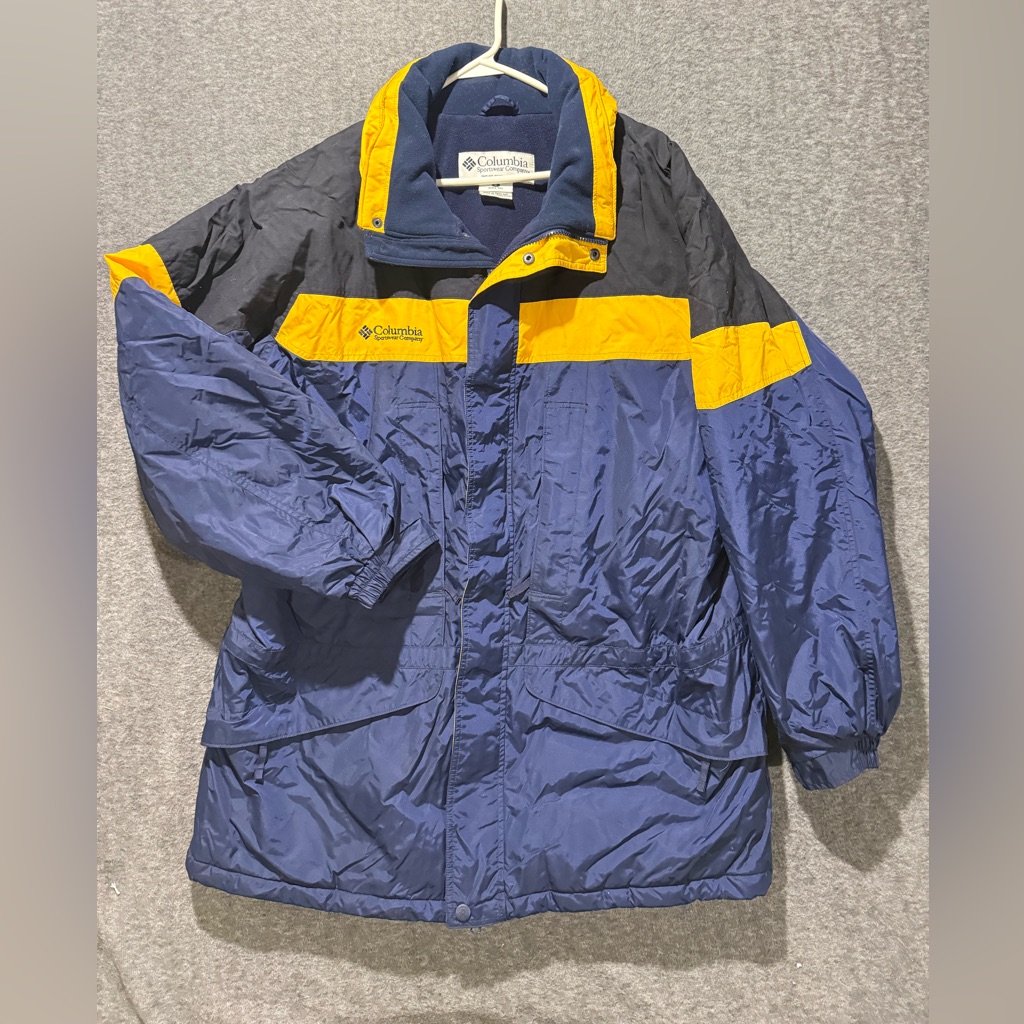 Columbia Vtg Ski Jacket Coat Mens Xlt Long Blue Yellow Insulated Lined Zip Up